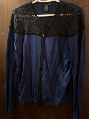 august silk Navy Cardigan with Black Lace Yoke